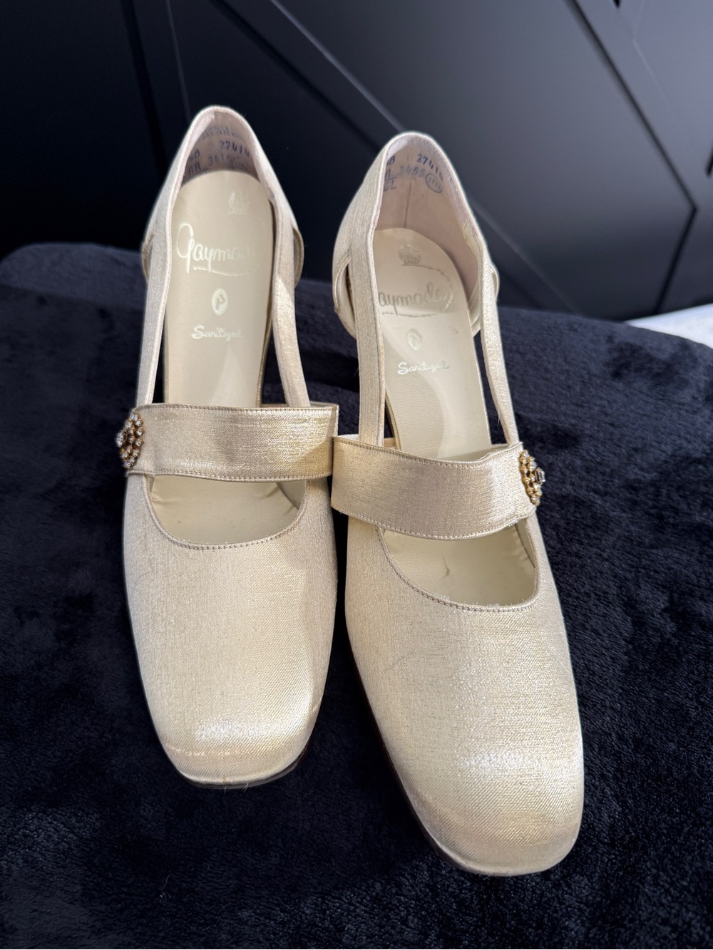 VTG 60s Gaymode Champagne Gold Shimmer Mary Jane’s Mid Century Rhinestone 8.5B